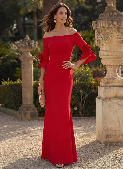 Sheath/Column 3/4 Sleeves Floor-Length Elastic Satin Mother Of The Bride Dresses With Flower(s)