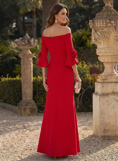 Sheath/Column 3/4 Sleeves Floor-Length Elastic Satin Mother Of The Bride Dresses With Flower(s)