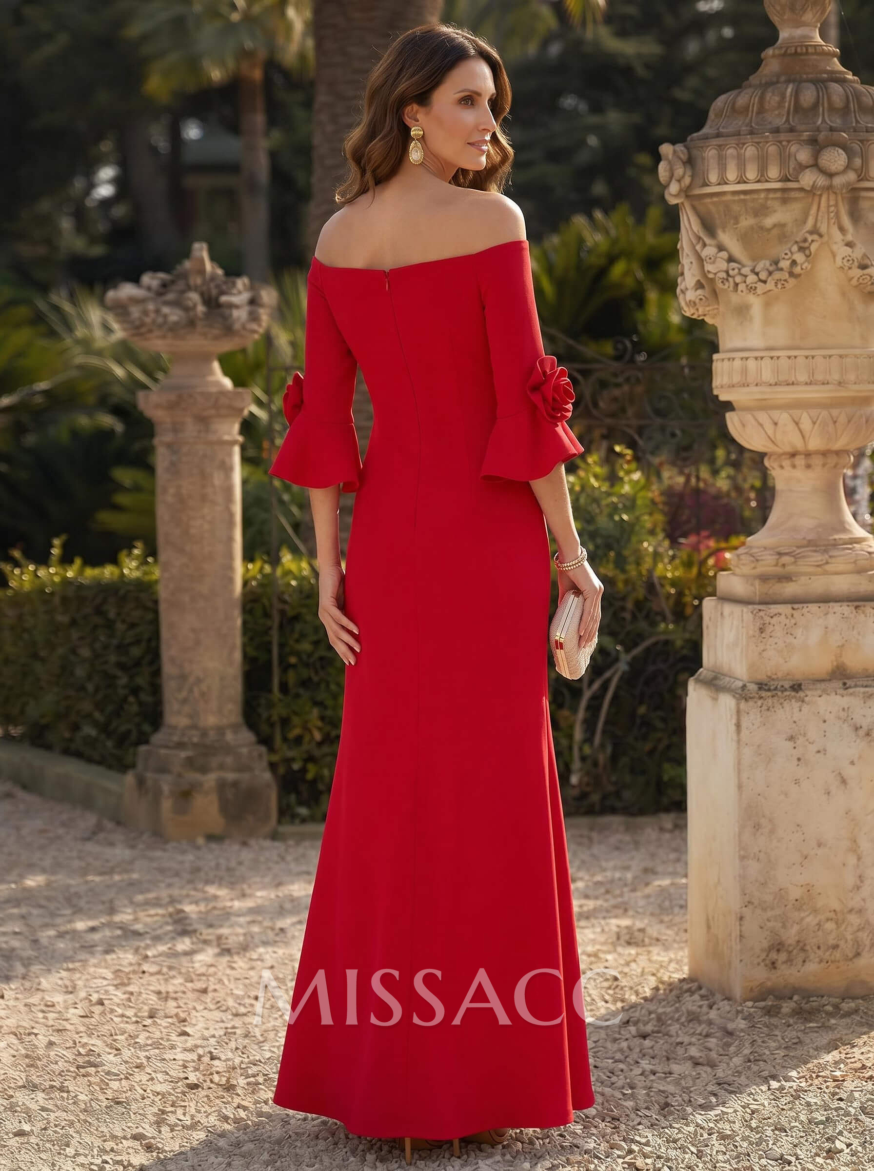 Sheath/Column 3/4 Sleeves Floor-Length Elastic Satin Mother Of The Bride Dresses With Flower(s)