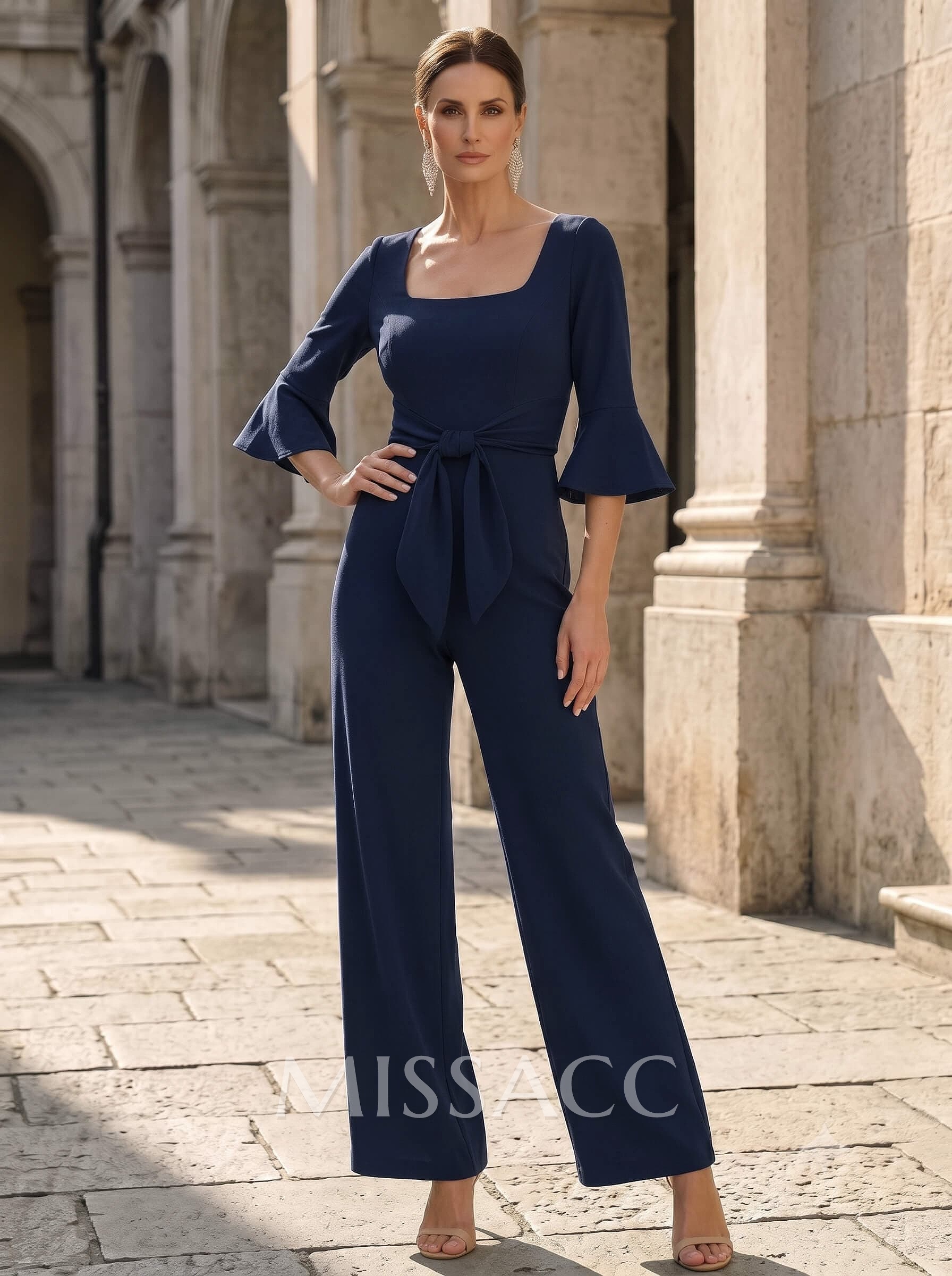 Jumpsuit/Pantsuit Square Neckline 3/4 Sleeves Floor-Length Elastic Satin Mother Of The Bride Dresses