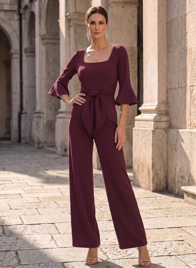 Jumpsuit/Pantsuit Square Neckline 3/4 Sleeves Floor-Length Elastic Satin Mother Of The Bride Dresses