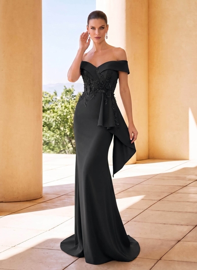 Trumpet/Mermaid Off-The-Shoulder Sleeveless Sweep Train Elastic Satin Mother Of The Bride Dresses With Cascading Ruffles/Appliques Lace/Flower