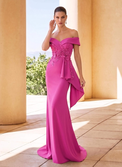 Mermaid/Trumpet Off-the-Shoulder Sleeveless Stretch Satin Mother of the Bride Dress with Sweep Train, Cascading Ruffles, Lace Appliques & Flowers