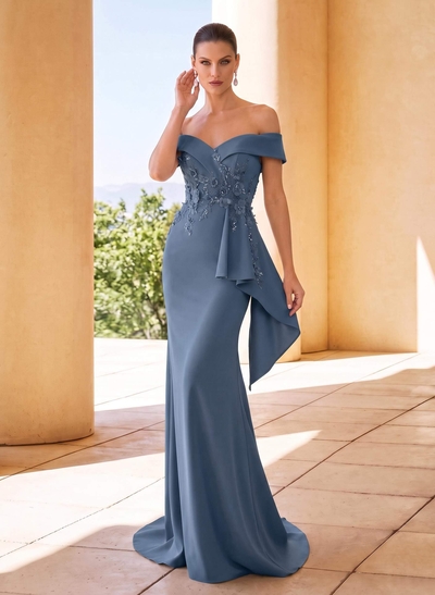 Trumpet/Mermaid Off-The-Shoulder Sleeveless Sweep Train Elastic Satin Mother Of The Bride Dresses With Cascading Ruffles/Appliques Lace/Flower