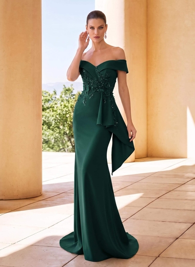 Trumpet/Mermaid Off-The-Shoulder Sleeveless Sweep Train Elastic Satin Mother Of The Bride Dresses With Cascading Ruffles/Appliques Lace/Flower
