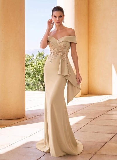 Trumpet/Mermaid Off-The-Shoulder Sleeveless Sweep Train Elastic Satin Mother Of The Bride Dresses With Cascading Ruffles/Appliques Lace/Flower