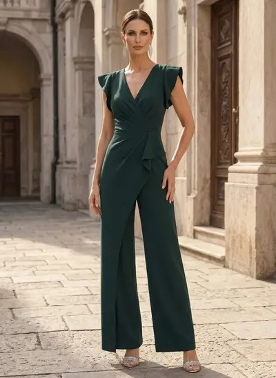 Jumpsuit/Pantsuit V-Neck Sleeveless Floor-Length Elastic Satin Mother Of The Bride Dresses