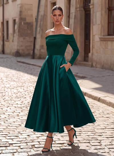 A-Line Long Sleeves Ankle-Length Satin/Elastic Satin Mother Of The Bride Dresses With Pockets