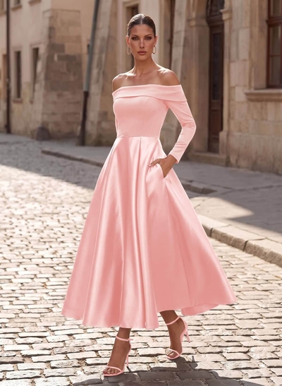 A-Line Long Sleeves Ankle-Length Satin/Elastic Satin Mother Of The Bride Dresses With Pockets