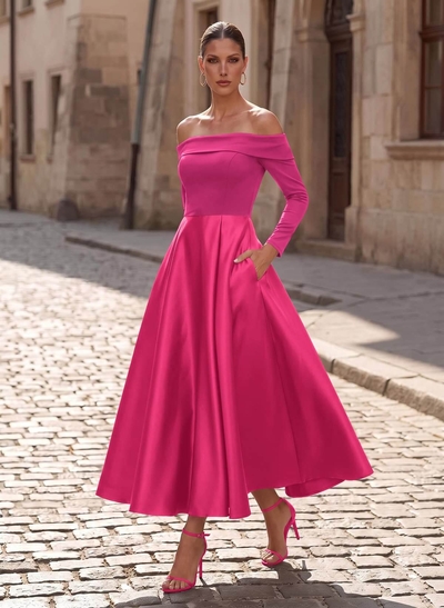 A-Line Long Sleeves Ankle-Length Satin/Elastic Satin Mother Of The Bride Dresses With Pockets