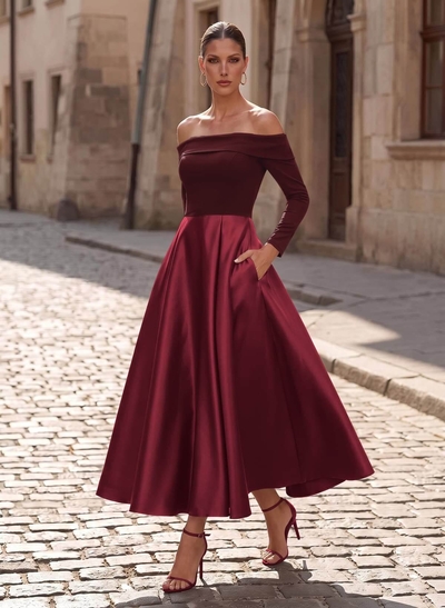 A-Line Off-The-Shoulder Long Sleeves Ankle-Length Satin/Elastic Satin Evening Dresses With Pockets