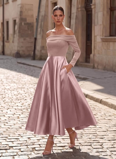 A-Line Long Sleeves Ankle-Length Satin/Elastic Satin Mother Of The Bride Dresses With Pockets