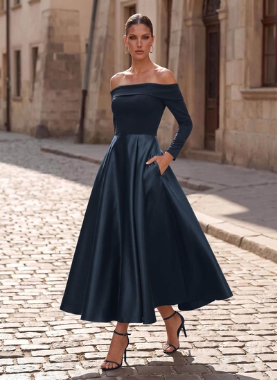 A-Line Long Sleeves Ankle-Length Satin/Elastic Satin Mother Of The Bride Dresses With Pockets