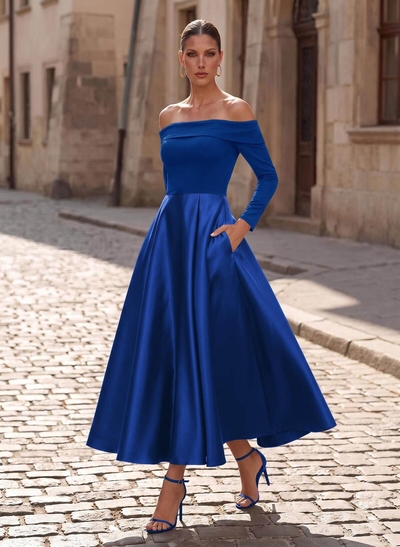 A-Line Long Sleeves Ankle-Length Satin/Elastic Satin Mother Of The Bride Dresses With Pockets