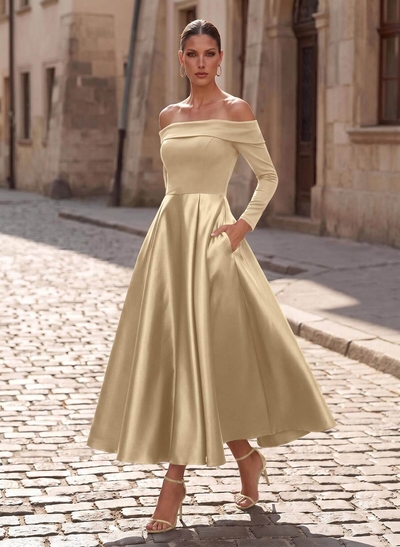 A-Line Long Sleeves Ankle-Length Satin/Elastic Satin Mother Of The Bride Dresses With Pockets
