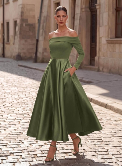 A-Line Off-The-Shoulder Long Sleeves Ankle-Length Satin/Elastic Satin Evening Dresses With Pockets