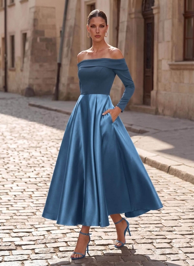 A-Line Long Sleeves Ankle-Length Satin/Elastic Satin Mother Of The Bride Dresses With Pockets