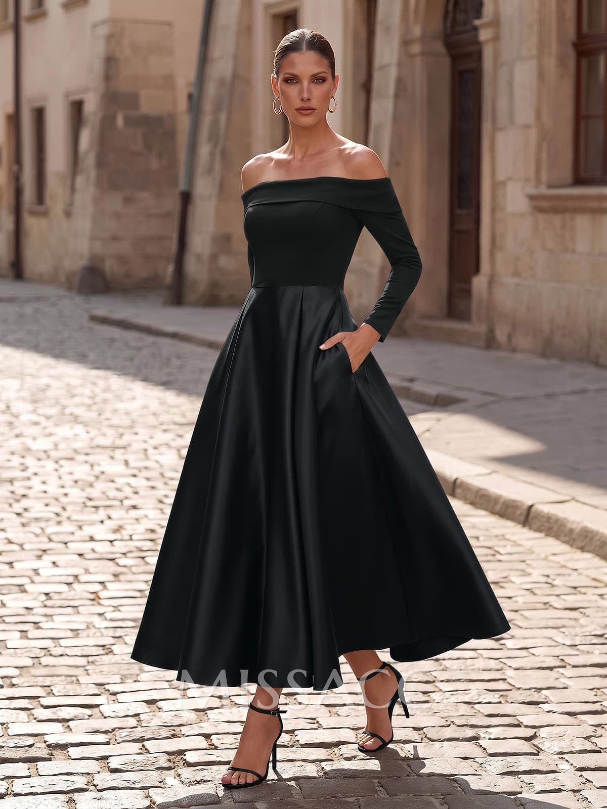 A-Line Long Sleeves Ankle-Length Satin/Elastic Satin Mother Of The Bride Dresses With Pockets