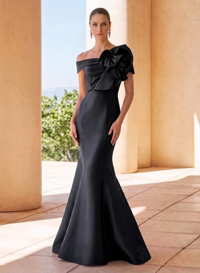 Trumpet/Mermaid Off-The-Shoulder Sleeveless Floor-Length Satin Mother Of The Bride Dresses With Beading/Flower(s)
