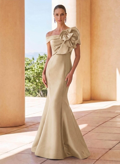 Trumpet/Mermaid Off-The-Shoulder Sleeveless Floor-Length Satin Mother Of The Bride Dresses With Beading/Flower(s)