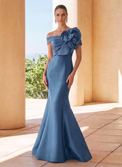 Trumpet/Mermaid Off-The-Shoulder Sleeveless Floor-Length Satin Mother Of The Bride Dresses With Beading/Flower(s)