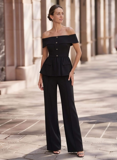 Jumpsuit/Pantsuit Off-The-Shoulder Floor-Length Elastic Satin Mother Of The Bride Dresses With Rhinestone