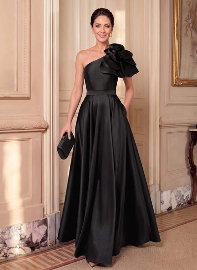 A-Line One-Shoulder Sleeveless Floor-Length Satin Mother Of The Bride Dresses With Flower(s)