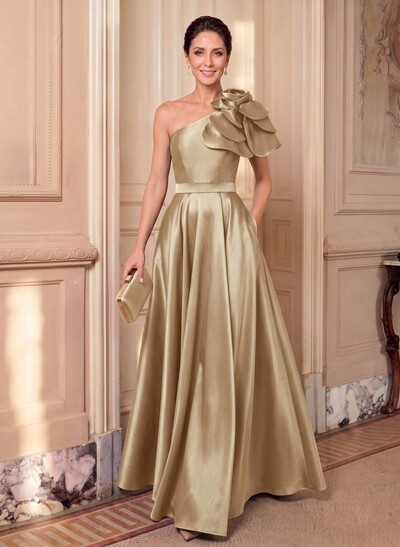 A-Line One-Shoulder Sleeveless Floor-Length Satin Mother Of The Bride Dresses With Flower(s)