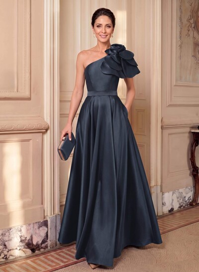 A-Line One-Shoulder Sleeveless Floor-Length Satin Mother Of The Bride Dresses With Flower(s)