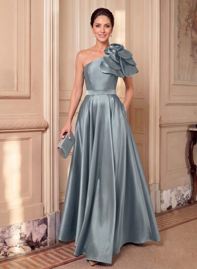 A-Line One-Shoulder Sleeveless Floor-Length Satin Mother Of The Bride Dresses With Flower(s)