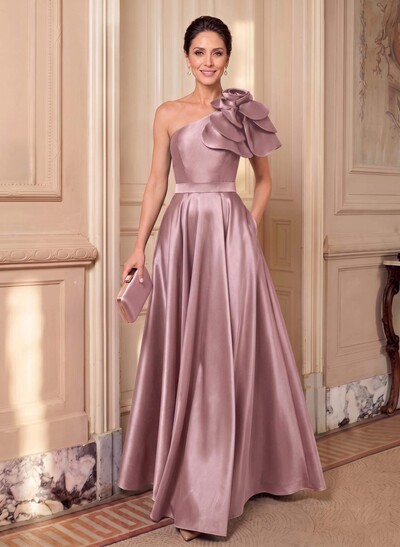 A-Line One-Shoulder Sleeveless Floor-Length Satin Mother Of The Bride Dresses With Flower(s)
