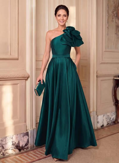 A-Line One-Shoulder Sleeveless Floor-Length Satin Mother Of The Bride Dresses With Flower(s)