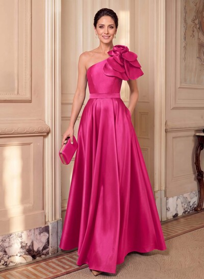 A-Line One-Shoulder Sleeveless Floor-Length Satin Mother Of The Bride Dresses With Flower(s)
