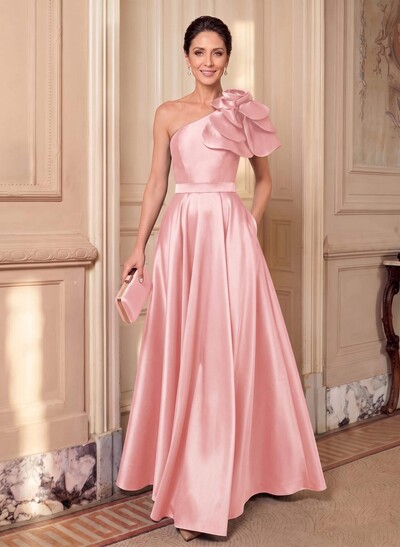 A-Line One-Shoulder Sleeveless Floor-Length Satin Mother Of The Bride Dresses With Flower(s)