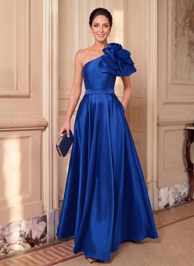 A-Line One-Shoulder Sleeveless Floor-Length Satin Mother Of The Bride Dresses With Flower(s)