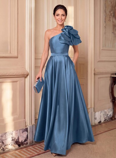 A-Line One-Shoulder Sleeveless Floor-Length Satin Mother Of The Bride Dresses With Flower(s)