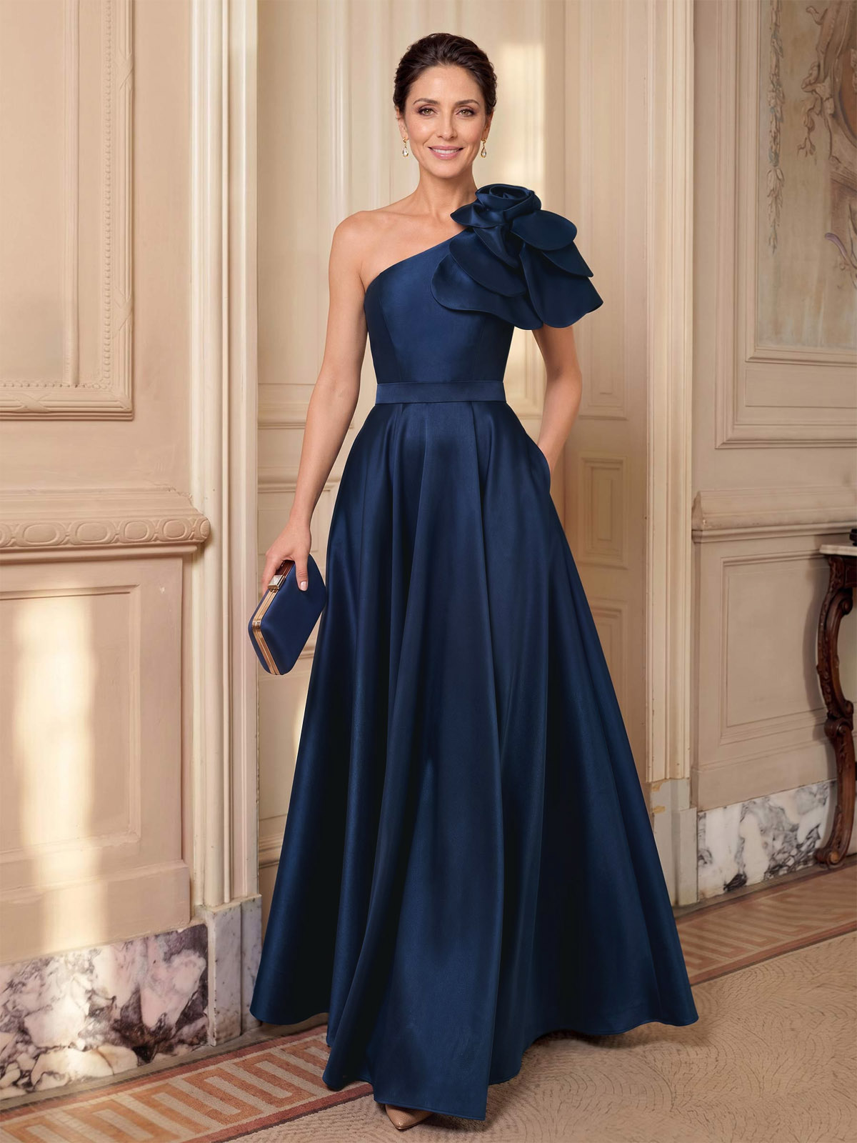 A-Line One-Shoulder Sleeveless Floor-Length Satin Mother Of The Bride Dresses With Flower(s) A-Line One-Shoulder Sleeveless Floor-Length Satin Mother Of The Bride Dresses With Flower(s)