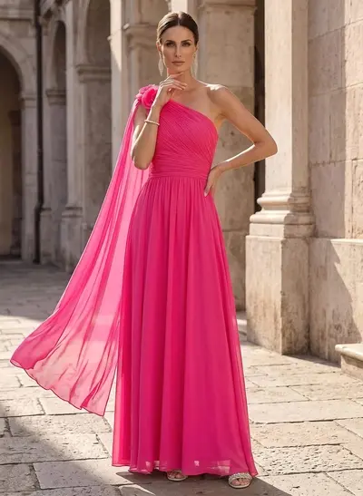 A-Line One-Shoulder Floor-Length Chiffon Mother Of The Bride Dresses With Pleated/Flower(s)/Sweeping Side Drape