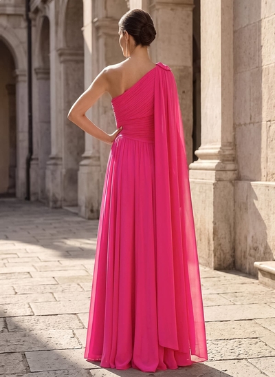 A-Line One-Shoulder Floor-Length Chiffon Mother Of The Bride Dresses With Pleated/Flower(s)/Sweeping Side Drape