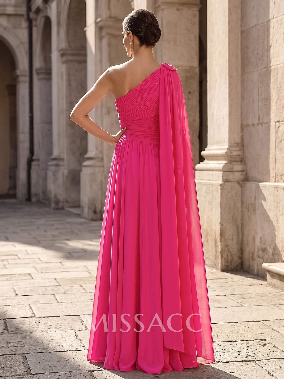 A-Line One-Shoulder Floor-Length Chiffon Mother Of The Bride Dresses With Pleated/Flower(s)/Sweeping Side Drape