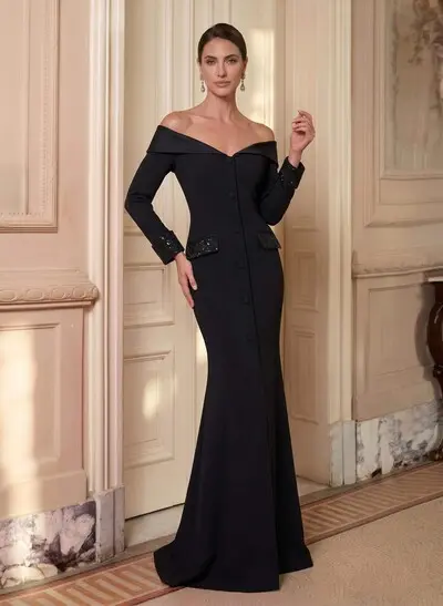 Trumpet/Mermaid Long Sleeves Sweep Train Elastic Satin Mother Of The Bride Dresses With Rhinestone