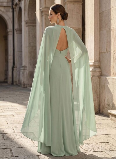 Sheath/Column V-Neck Cape Sleeves Sweep Train Chiffon Mother Of The Bride Dresses With Split Front