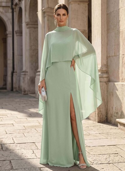 Sheath/Column V-Neck Cape Sleeves Sweep Train Chiffon Mother Of The Bride Dresses With Split Front