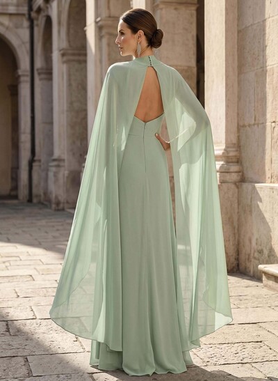 Sheath/Column V-Neck Cape Sleeves Sweep Train Chiffon Mother Of The Bride Dresses With Split Front