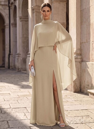 Sheath/Column V-Neck Cape Sleeves Sweep Train Chiffon Mother Of The Bride Dresses With Split Front