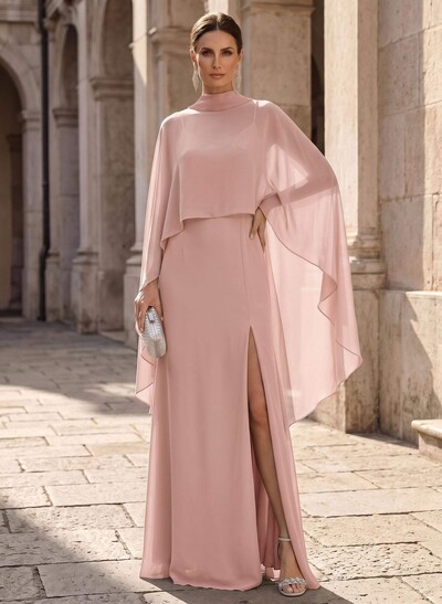 Sheath/Column V-Neck Cape Sleeves Sweep Train Chiffon Mother Of The Bride Dresses With Split Front