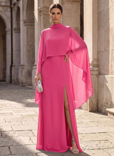 Sheath/Column V-Neck Cape Sleeves Sweep Train Chiffon Mother Of The Bride Dresses With Split Front