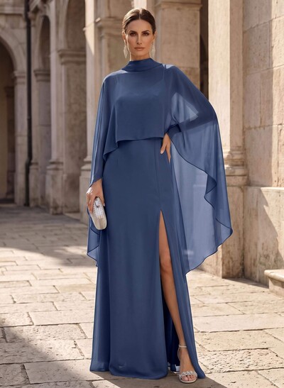 Sheath/Column V-Neck Cape Sleeves Sweep Train Chiffon Mother Of The Bride Dresses With Split Front