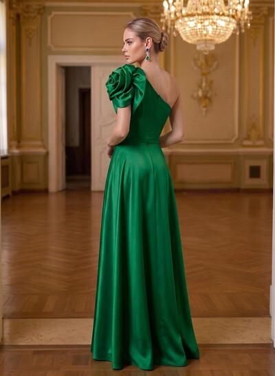 A-Line One-Shoulder Sleeveless Floor-Length Satin Mother Of The Bride Dresses With Flower