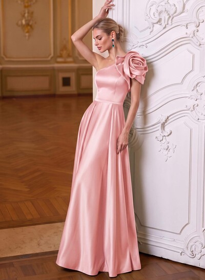 A-Line One-Shoulder Sleeveless Floor-Length Satin Mother Of The Bride Dresses With Flower
